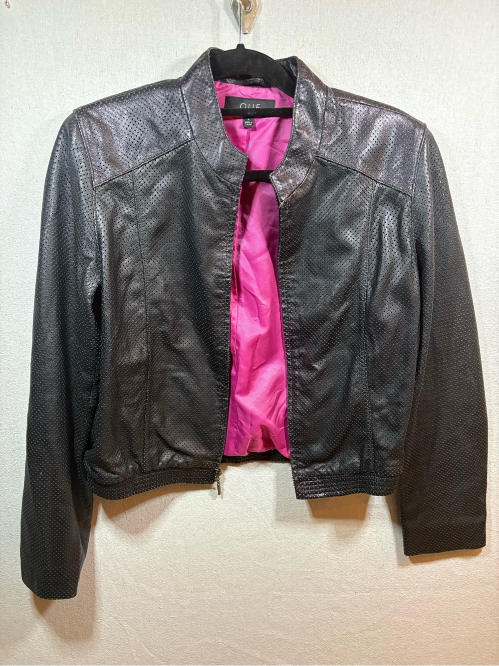 Vintage QUE Black Perforated Lamb Skin Leather Jacket with Pink Lining